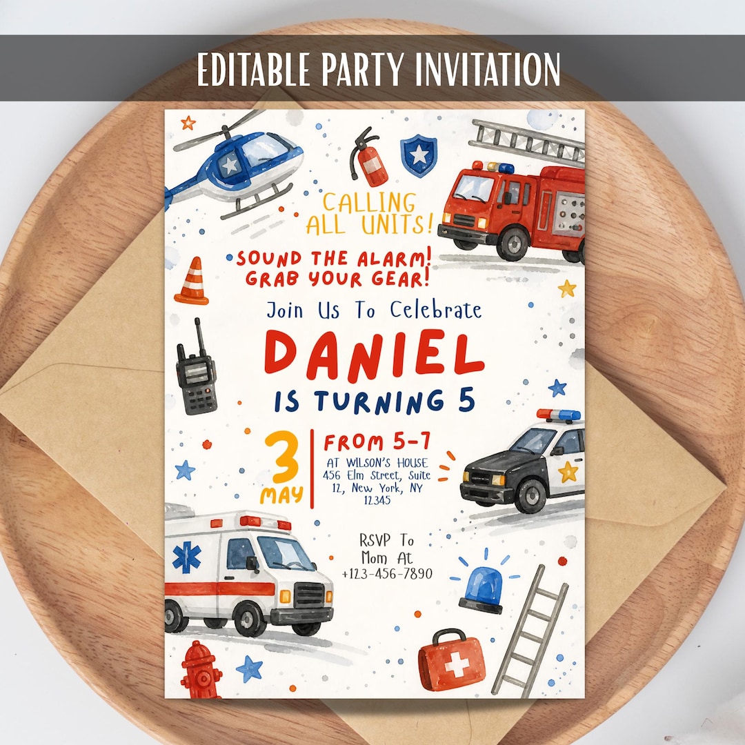 Emergency Vehicles Birthday Invitation Card, Editable First Responders ...