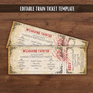 Modèle de carte d'invitation de fête d'anniversaire d'école de magie de billet de train express sorcier, modifiable en téléchargement numérique, invitation d'anniversaire bricolage
