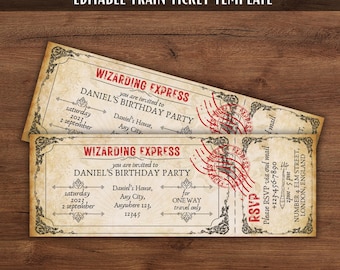 Wizarding Express Train Ticket Magic School Birthday Party Invitation Card Template Editable Printable Digital Download DIY Birthday Invite