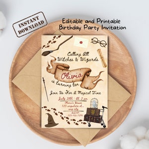 HP Witches and Wizards Birthday Party Invitation Card Template | Editable, Printable, Digital Magical Birthday Invitation for Kids Party