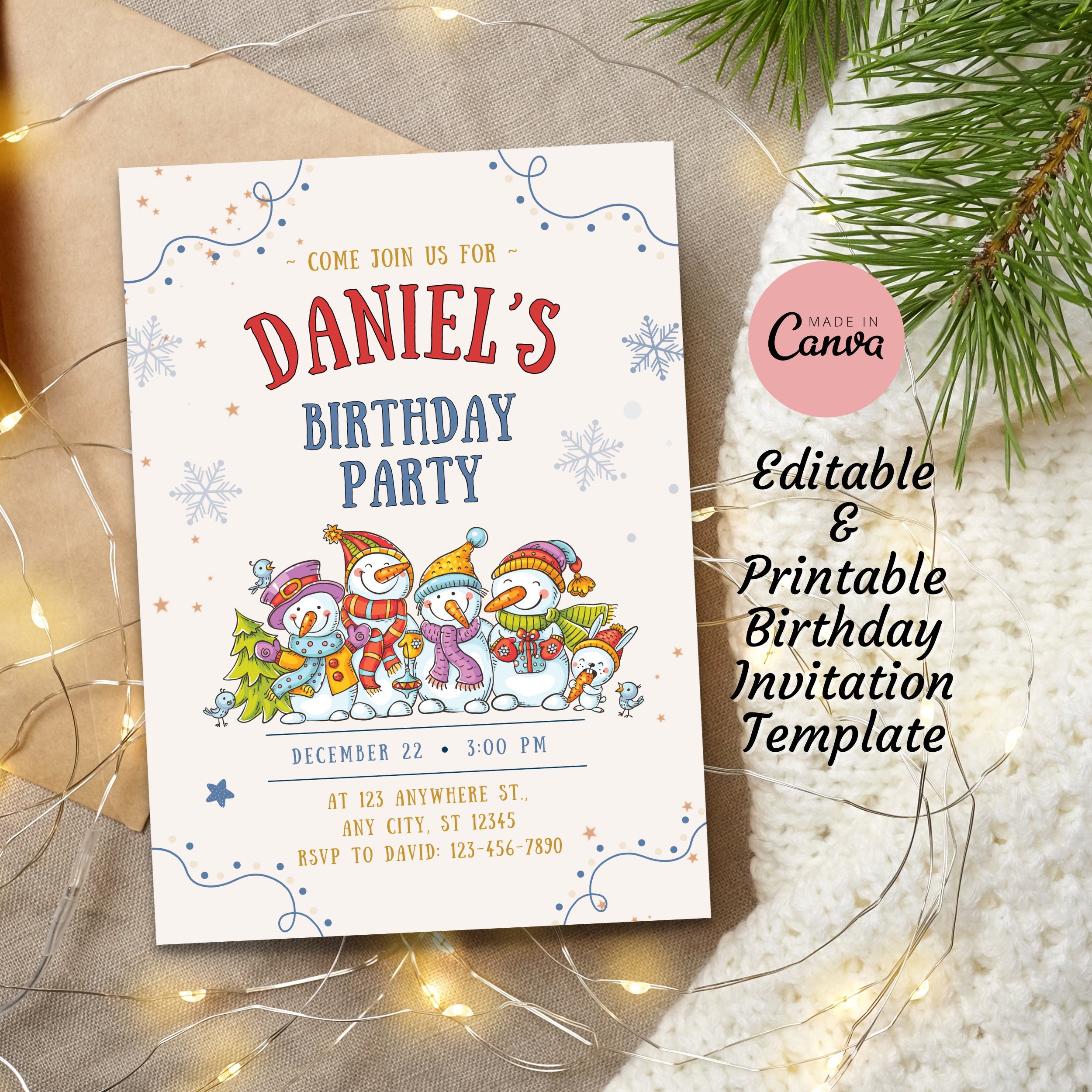 Snowman Birthday Party Invitation Card Template Editable, Printable, Digital Snow Snowball ...