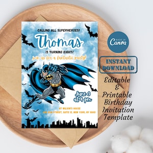 Calling All Superheroes Bat Man Geburtstags-Party Einladung Card Template | Bearbeitbar druckbare digitale Superheld-Geburtstags-Einladung für Kinder