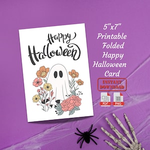 Cartão floral fofo fantasma dobrado feliz dia das bruxas | Cartão de felicitações em branco dobrável para impressão de dia das bruxas | Cartão postal de presente feliz dia das bruxas