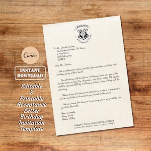 Plantilla de invitación para fiesta de cumpleaños con carta de aceptación de la escuela de magia / Carta de invitación para fiesta temática de la escuela de magia editable e imprimible