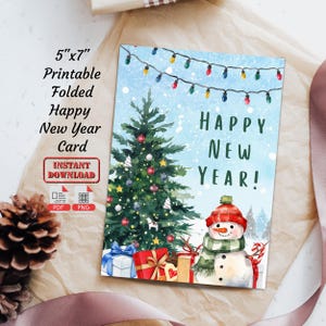 de Carte de voeux aquarelle pliée de bonne année | Carte vierge numérique imprimable cadeau joyeux Noël | Carte-cadeau pliée Noël Nouvel An