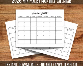 2026 Minimalistischer Monatsplaner Landschaft Eleganter Monatskalender Sonntag Start Montag Start 2026 Wandkalender Monatlich druckbares PDF