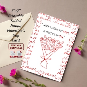 Carte pliée simple pour la Saint-Valentin | Carte-cadeau imprimable de la Saint-Valentin | Carte de voeux douce fleurs de citation pour lui/elle | Carte vierge