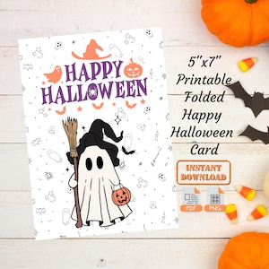 Carte de voeux pliée Halloween heureux | Carte pliable effrayante téléchargeable | Cartes-cadeaux Halloween | Carte postale vierge de sorcière fantôme