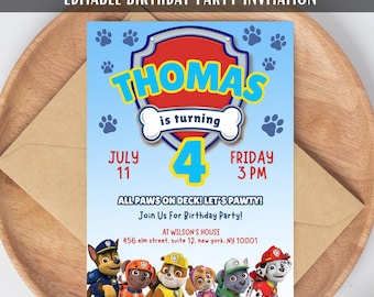 Let's Pawty Kids Birthday Party Invitation Card Template | Editable Printable Digital Puppy Patrol Pup Crew Bday Invite | Animals Birthday