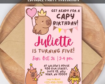 Capybara Birthday Party Invitation Card Template Editable Printable Digital Kids Animal Birthday Party Invite