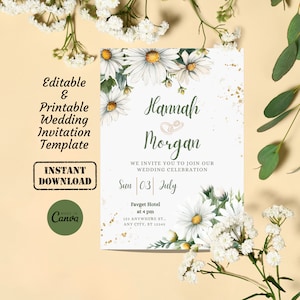 Weißes Gänseblümchen und Gold Hochzeit Einladungskarte Vorlage | Bearbeitbar druckbare digitale Wilde Gänseblümchen Hochzeit einladen | Florale Hochzeitseinladung