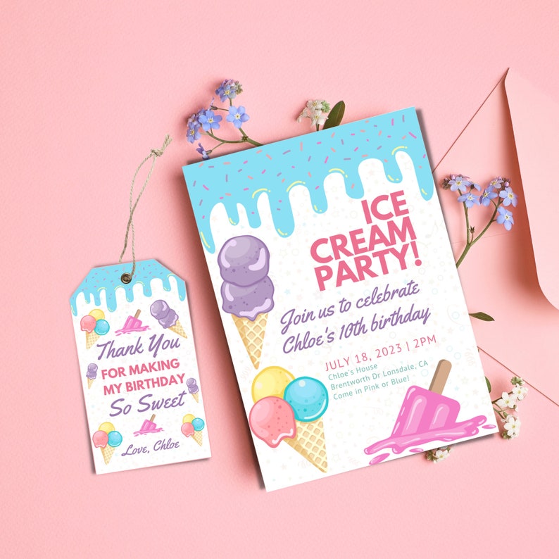 Editable and Printable Ice Cream Birthday Party Invitation Card and ...