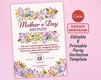 Plantilla de invitación floral para el brunch del Día de la Madre (digital, editable)