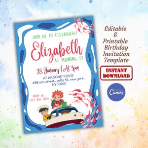 Plantilla de tarjeta de invitación para fiesta de cumpleaños de Ponyo y La Sirenita / Tarjeta de invitación de cumpleaños para niños de Studio Ghibli imprimible y editable