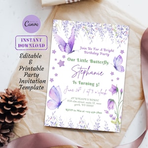 Modelo de convite para festa de aniversário com borboleta violeta e aquarela | Cartão de convite digital para festa de aniversário com lilás e roxo para impressão e edição