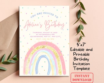 Pastel Rainbow Birthday Party Invitation Card Template Editable Printable Digital Download Sprinkle Stars Invite