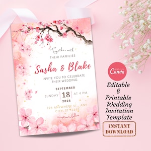 de Carte de faire-part de mariage fleurs de cerisier | Carte d'invitation numérique imprimable modifiable pour la fête du printemps Sakura | Faire-part floral moderne