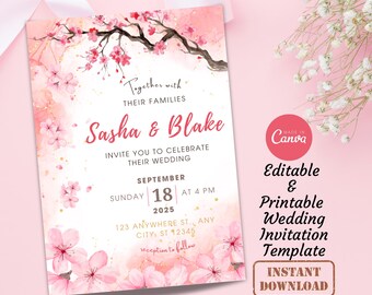 Cherry Blossom Wedding Invitation Card Template | Editable Printable Digital Spring Sakura Party Invitation Card | Modern Floral Invitation