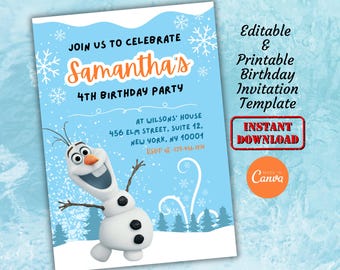Frozen Olaf Birthday Party Invitation Card Template | Editable Printable Digital Snow Kids Birthday Invite | Elsa Birthday Party