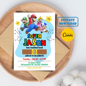 de Carte d'invitation de fête d'anniversaire de Super Mario Bros | Invitation d'anniversaire de jeu vidéo numérique imprimable modifiable Mario Kart pour fête d'enfants