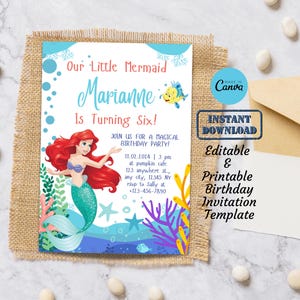 The Little Mermaid Birthday Party Invitation Card Template | Editable Printable Digital Princess Ariel Undersea Birthday Invite | Girl Party