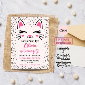 de Carte d'invitation à une fête d'anniversaire de chaton pawty | Invitation de fête d'anniversaire de chat rose numérique imprimable | Fête des chats