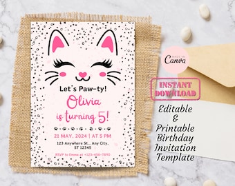 Pink Kitten Birthday Party Invitation Card Canva Template Editable Printable Digital Download DIY Cat Kids Birthday Invite