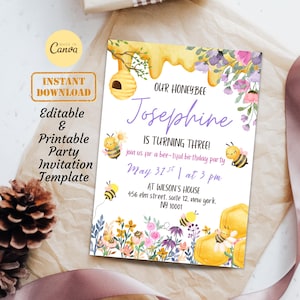 Modelo de convite para festa de aniversário com abelhas e flores em aquarela | Convite digital editável para impressão e festa de aniversário infantil com abelhas