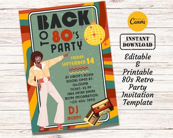 Back To 80s Retro Party Invitation Card Template | Editable, Printable, Digital Retro Disco Party Invitation Card