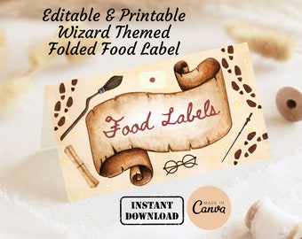 Etiquetas de comida editables para fiesta de cumpleaños de magos, imprimibles, para decorar tu propia tarjeta de comida.