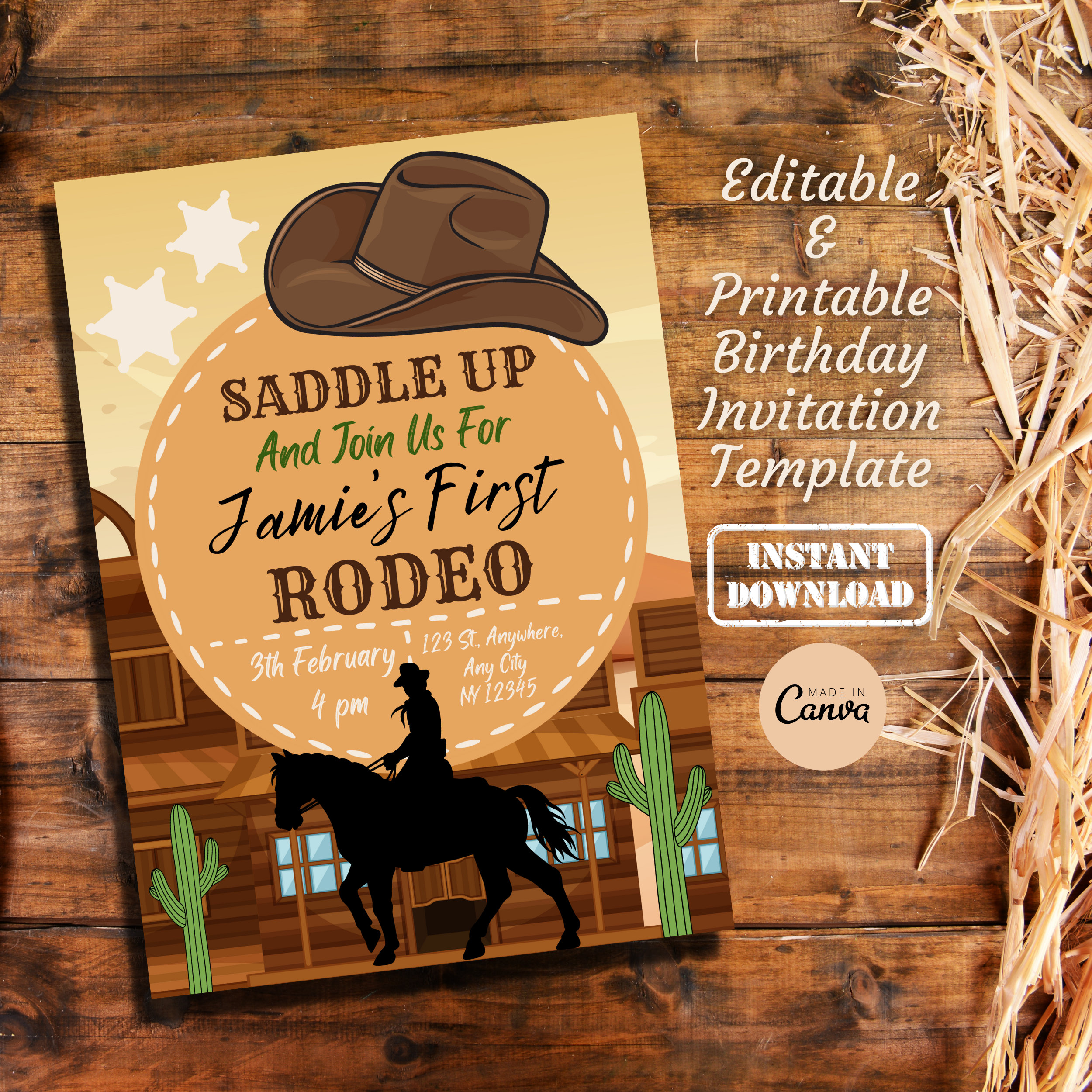 First Rodeo Country Birthday Party Invitation Card Canva Template Editable  Printable Digital Download Western Cowboy Party Invite - Etsy, image size:2500x2500