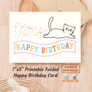 Cartão de Feliz Aniversário com Gato Engraçado e Dobrável | Cartão de Aniversário Dobrável para Imprimir | Cartão Digital de Aniversário Dobrável em Branco para Download