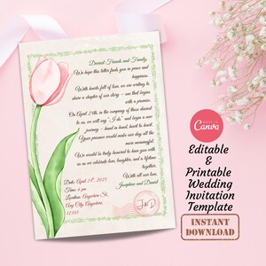 Plantilla de tarjeta de invitación de boda vintage con tulipanes / Tarjeta de invitación de boda vintage con flores digitales, editable e imprimible