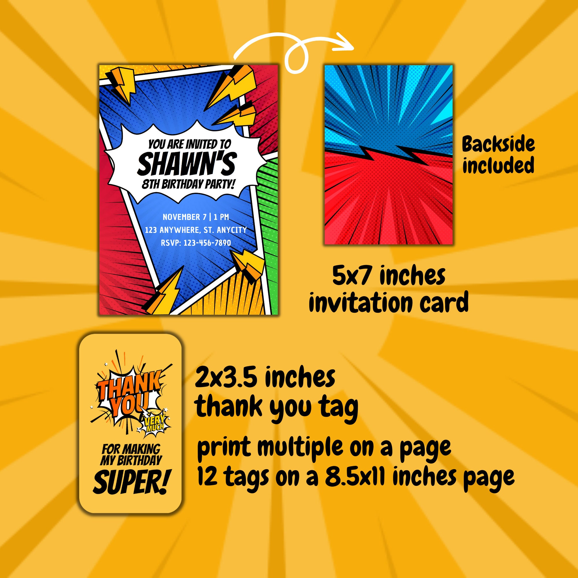 Editable &amp; Printable Marvel Birthday Party Invitation and Thank You Tag ...