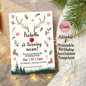 Winter Rentier Geburtstagsparty Einladung Kartenvorlage | Bearbeitbar, druckbar, digital Weihnachten Deer Geburtstag einladen für Kinder Bday Party