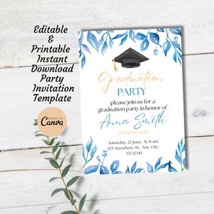 Blue Floral Graduation Party Invitation Template (Digital Download)