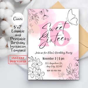 Sweet Sixteen Geburtstagsparty Einladung Kartenvorlage | Bearbeitbar druckbare digitale Blumen rosa 16. Geburtstag einladen für Mädchen Geburtstag