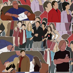 May include: A group of cartoon characters in various poses and outfits. The characters are all standing or sitting in a casual setting. Some of the characters are wearing red, blue, and green clothing. The characters are all smiling and appear to be having a good time.