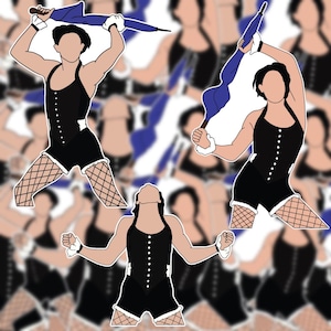 May include: Three illustrations of a person wearing a black and white costume with a blue and white umbrella. The person is wearing a black corset with white buttons, black shorts, and fishnet stockings.