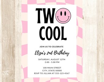 Two Cool Birthday Invite / Second Birthday Retro Invitation / 2nd Birthday / Pink & White Checkered / Smiley Face / Digital Invite / e-vite