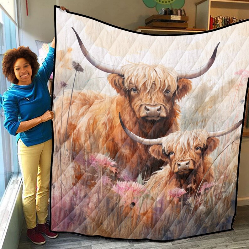 Highland Cow Quilt Mother Calf Cow Print Bedding Rustic Etsy