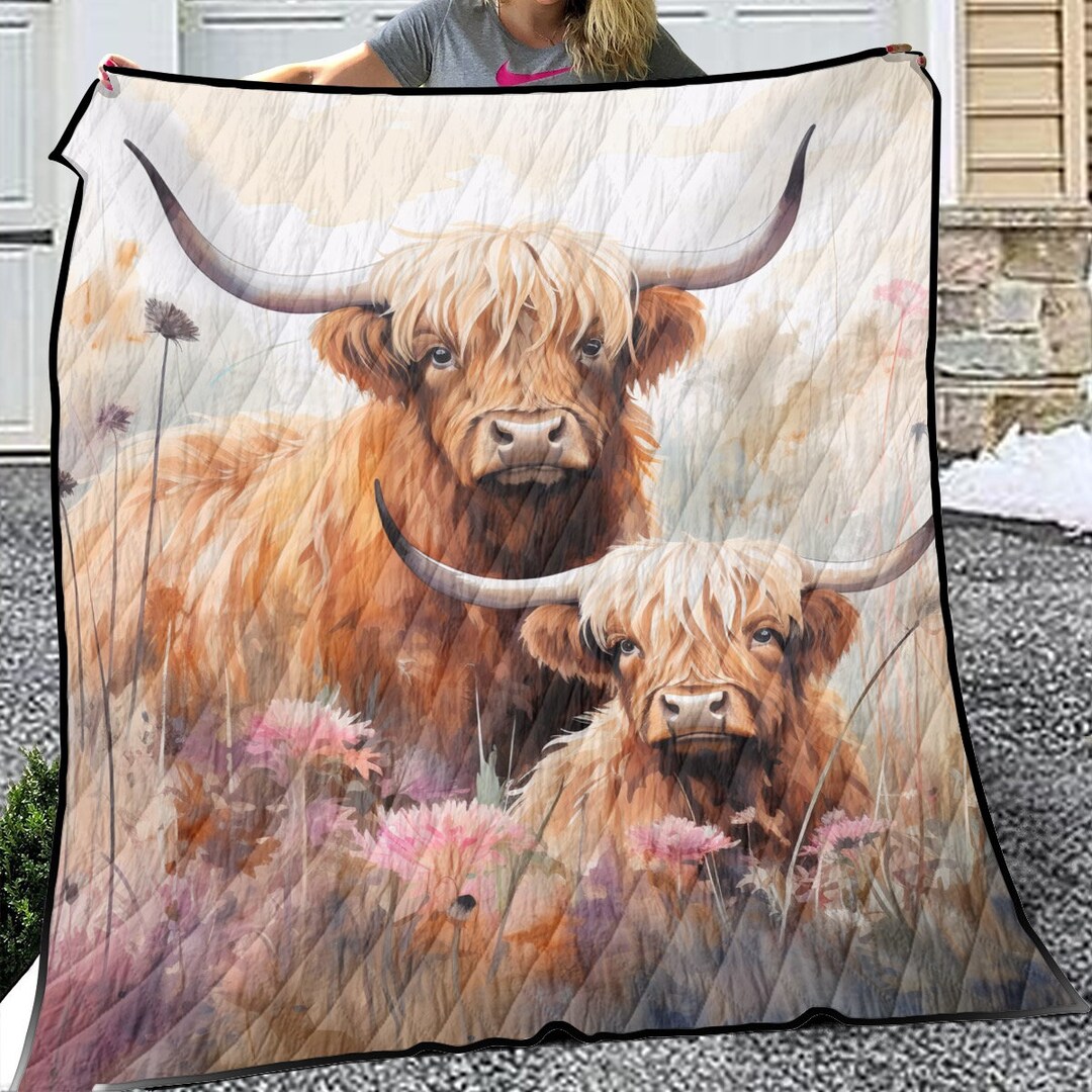 Highland Cow Quilt Mother Calf Cow Print Bedding Rustic Etsy
