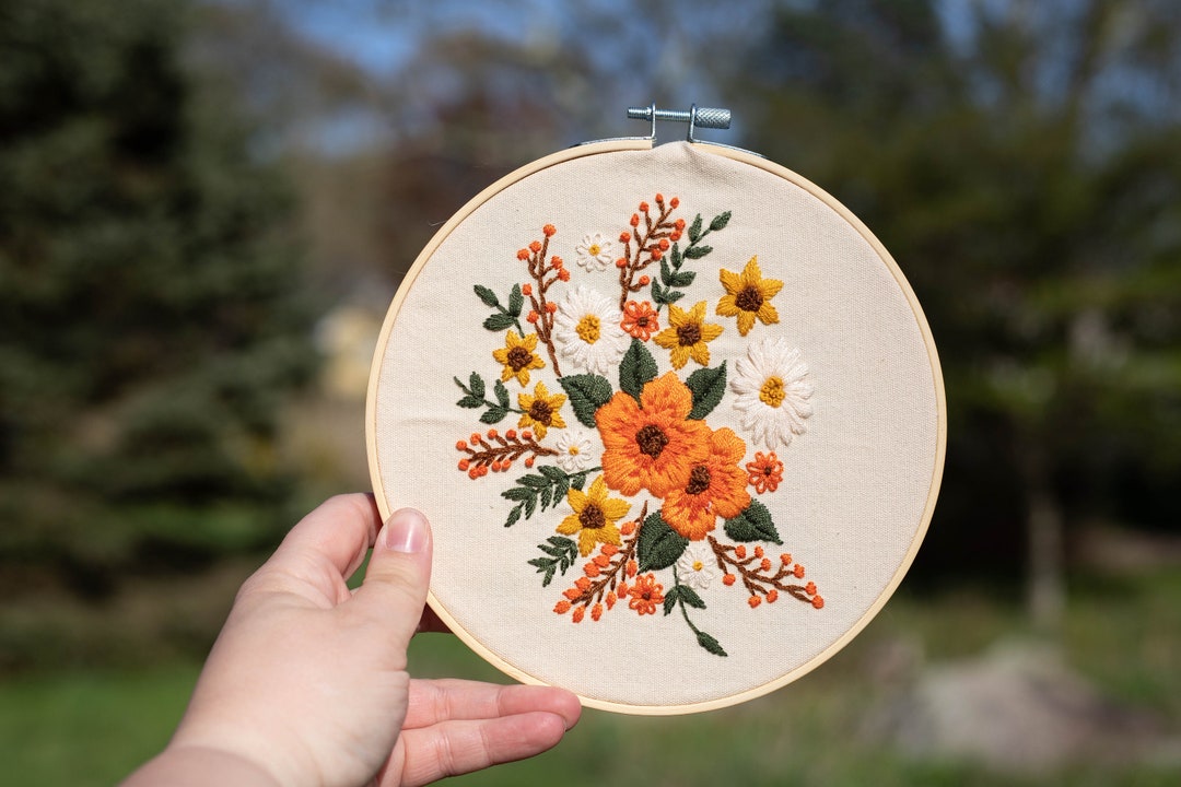 Orange and Yellow Floral Embroidery Hoop Art Wall Hanging, Gift for Her ...