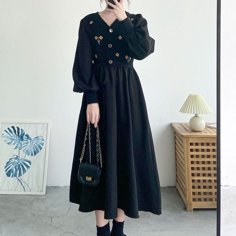 Fall Winter Clothing, Vintage Cottagecore Knitted Sweater Midi Dress ...