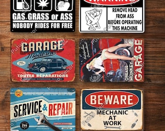Mechanic At Work Tin Sign Retro Plaque Metal Plate Vintage Style Rusted Wall Art Poster Decorative for Garage Man Cave Club Bar Home