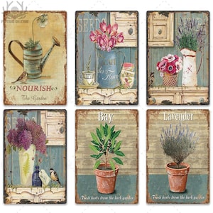 Blumen Vintage Blechschild Retro Metall Poster Shabby Wand Dekor Küche Wohnzimmer Esszimmer Garten Hof Teller Lavendel Lila Bay Frische Kräuter