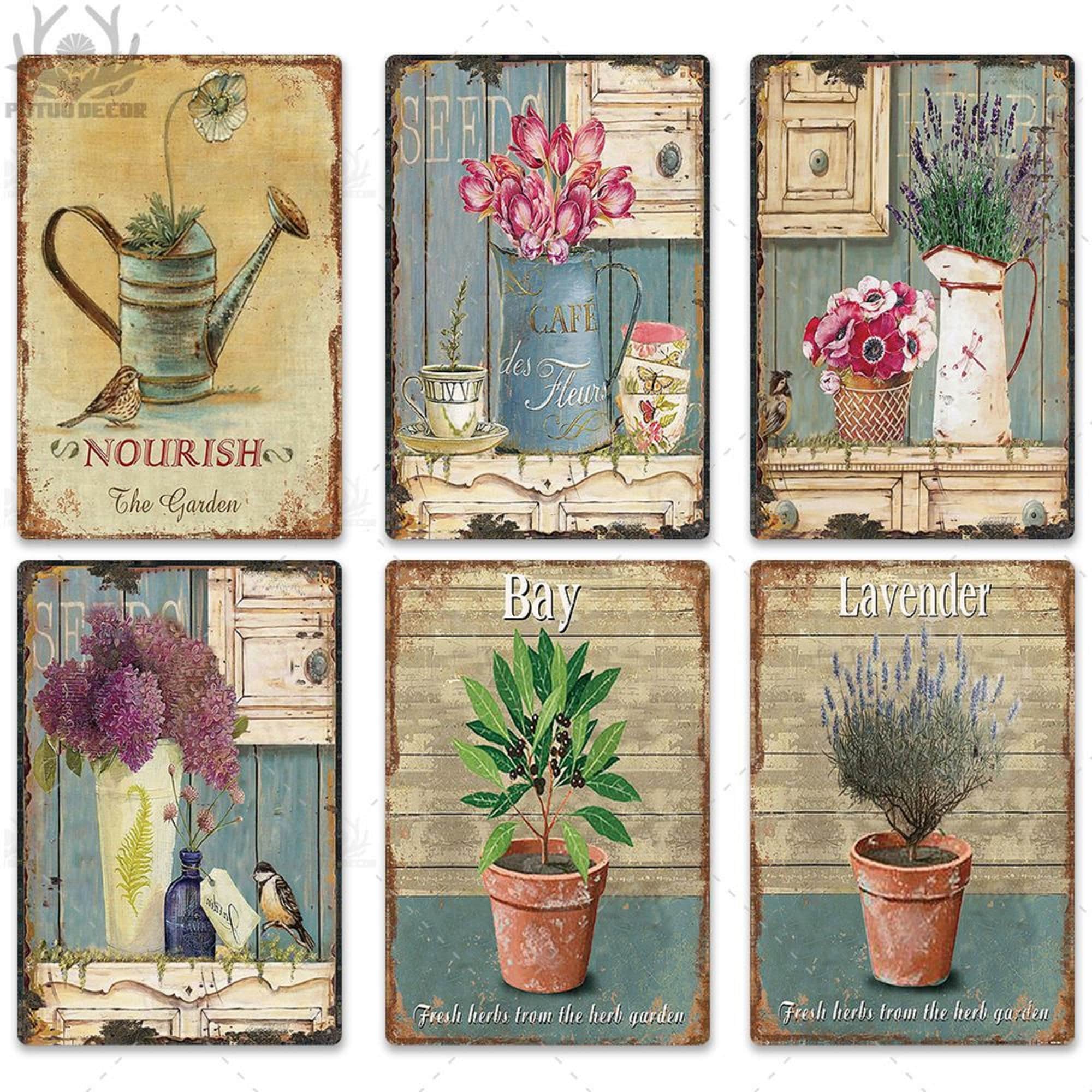 Putuo Decor 1 stuk tuin metalen tinnen bord bloemen vintage plaquette poster muurkunst decor voor terras tuin veranda 20 x 20 cm (WELKOM IM