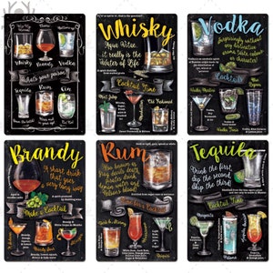 Carteles de hojalata clásicos de whisky, brandy, ron, cócteles, recetas, placa de metal vintage, decoración de pared para bar, club, pintura de hierro, placa decorativa.
