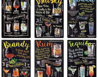 Classic Whiskey Brandy Rum Cocktails Recipes Tin Signs Plaque Metal Vintage Wall Decor for Man Cave Bar Club Iron Painting Decorative Plate