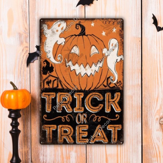 Trick or Treat Jack O'lantern Halloween Metal Tin Sign Plaque Fall